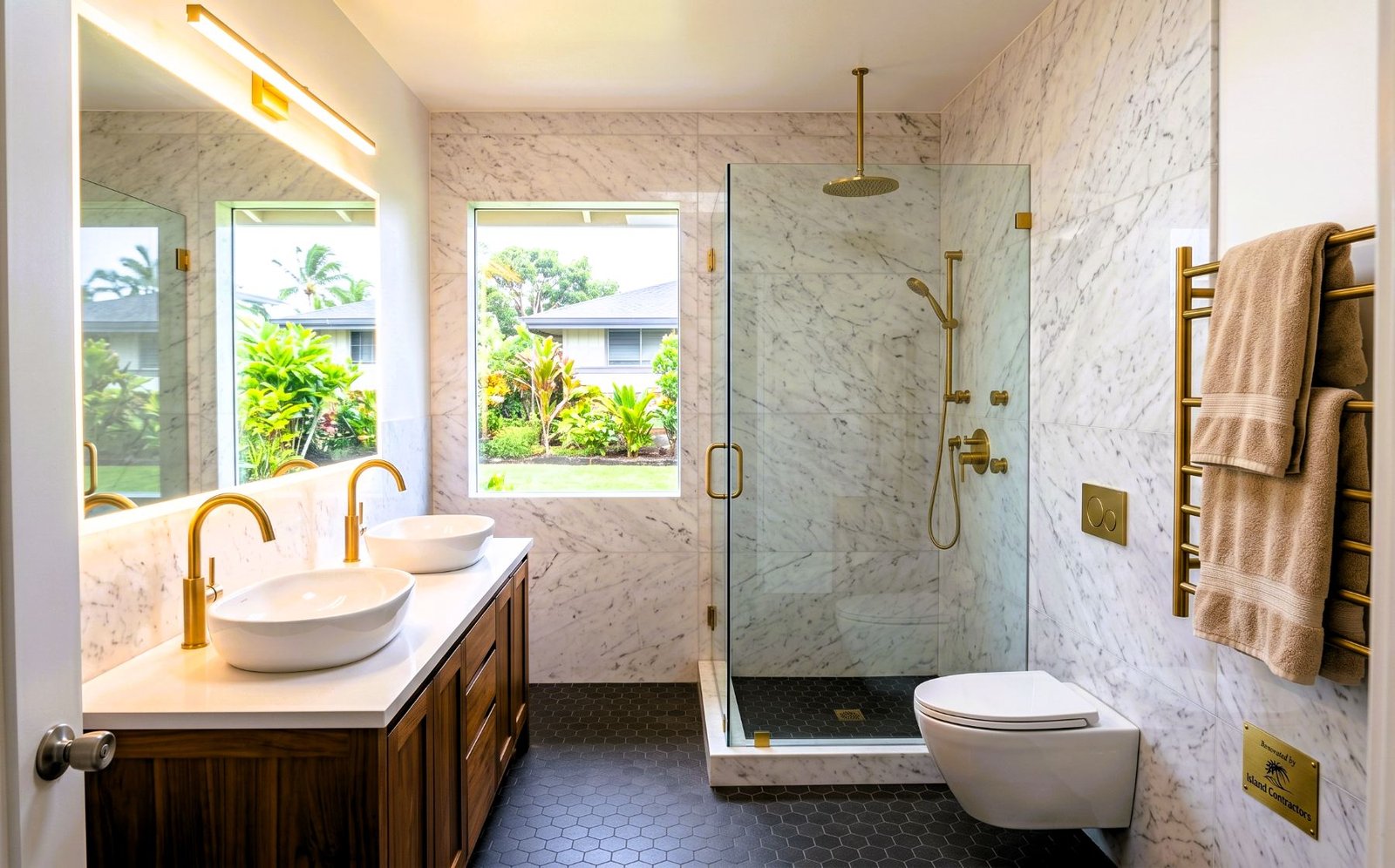 Marble walk-in shower with brass fixtures and koa vanity, after