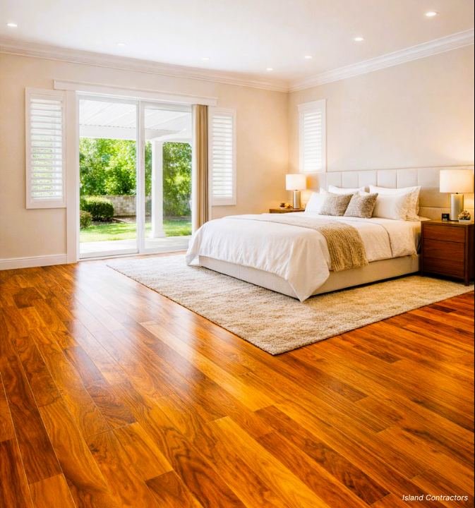 Master bedroom with new koa-tone hardwood flooring, after