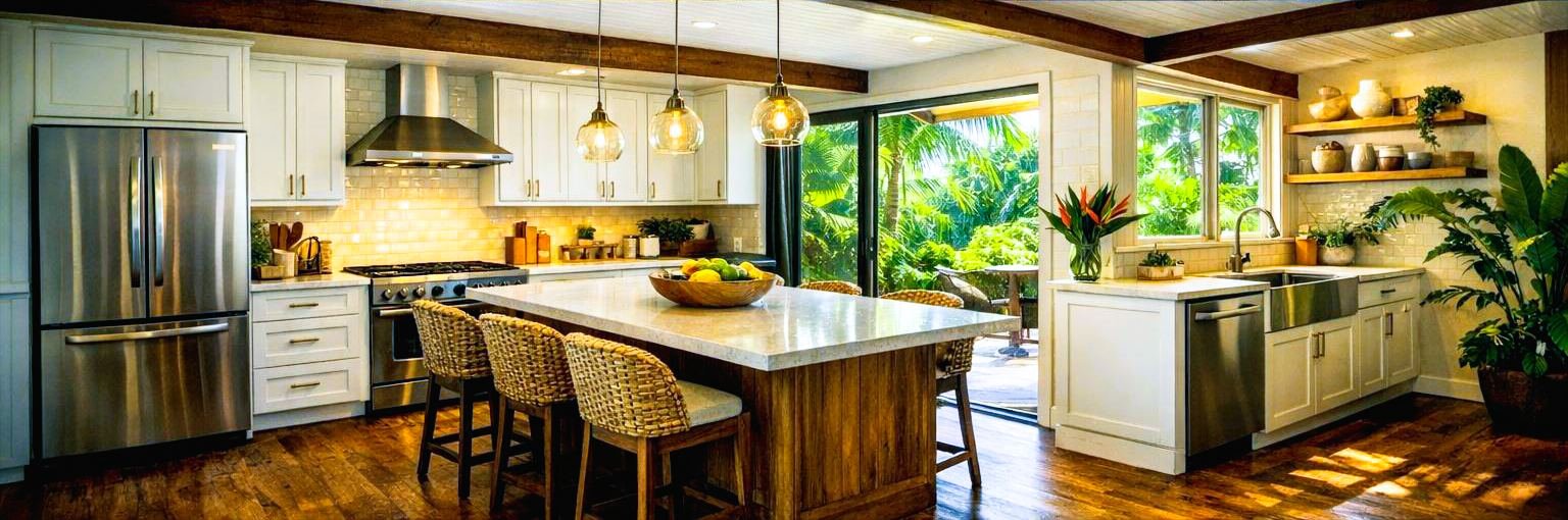 Open island kitchen with exposed beams and lānai access, after
