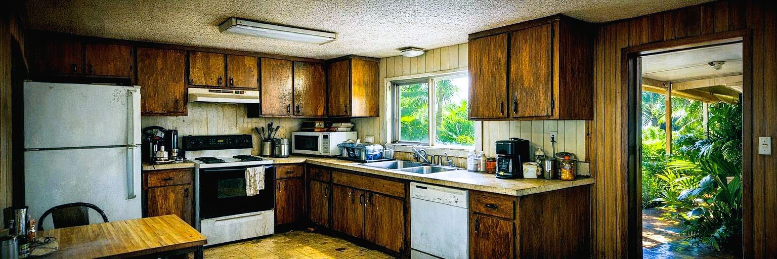 Original 1970s wood-panel kitchen, before