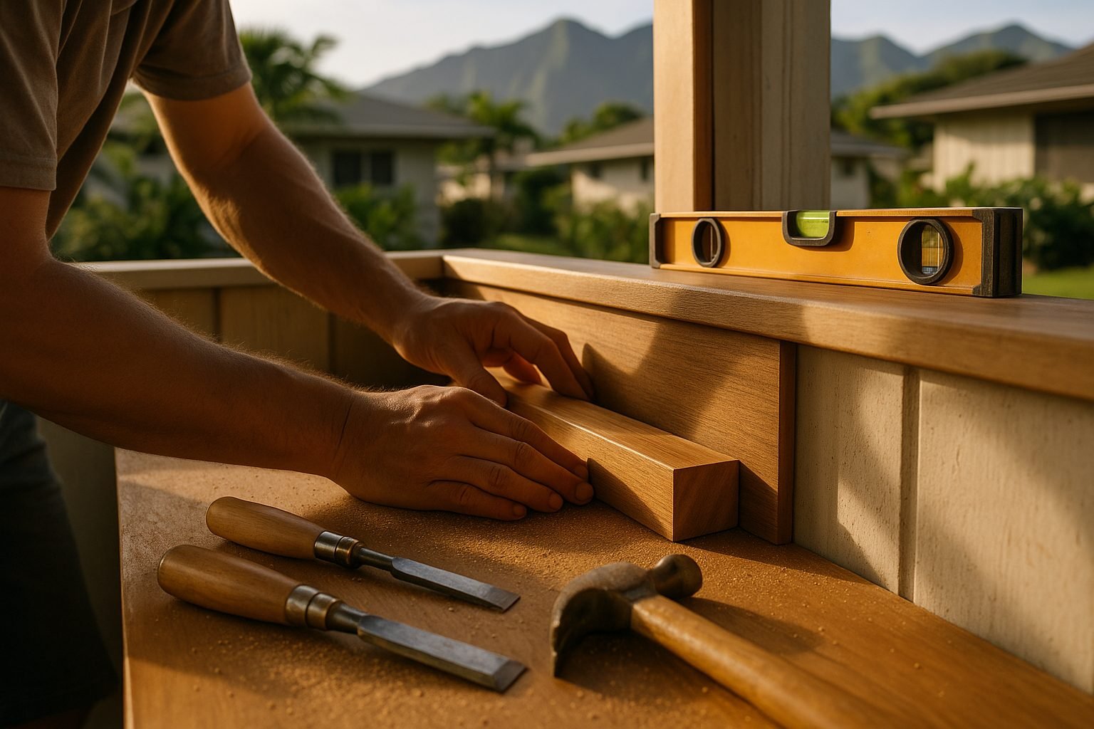 Craftsman hands fitting hardwood trim — illustrative of Island Contractors' finish-work precision