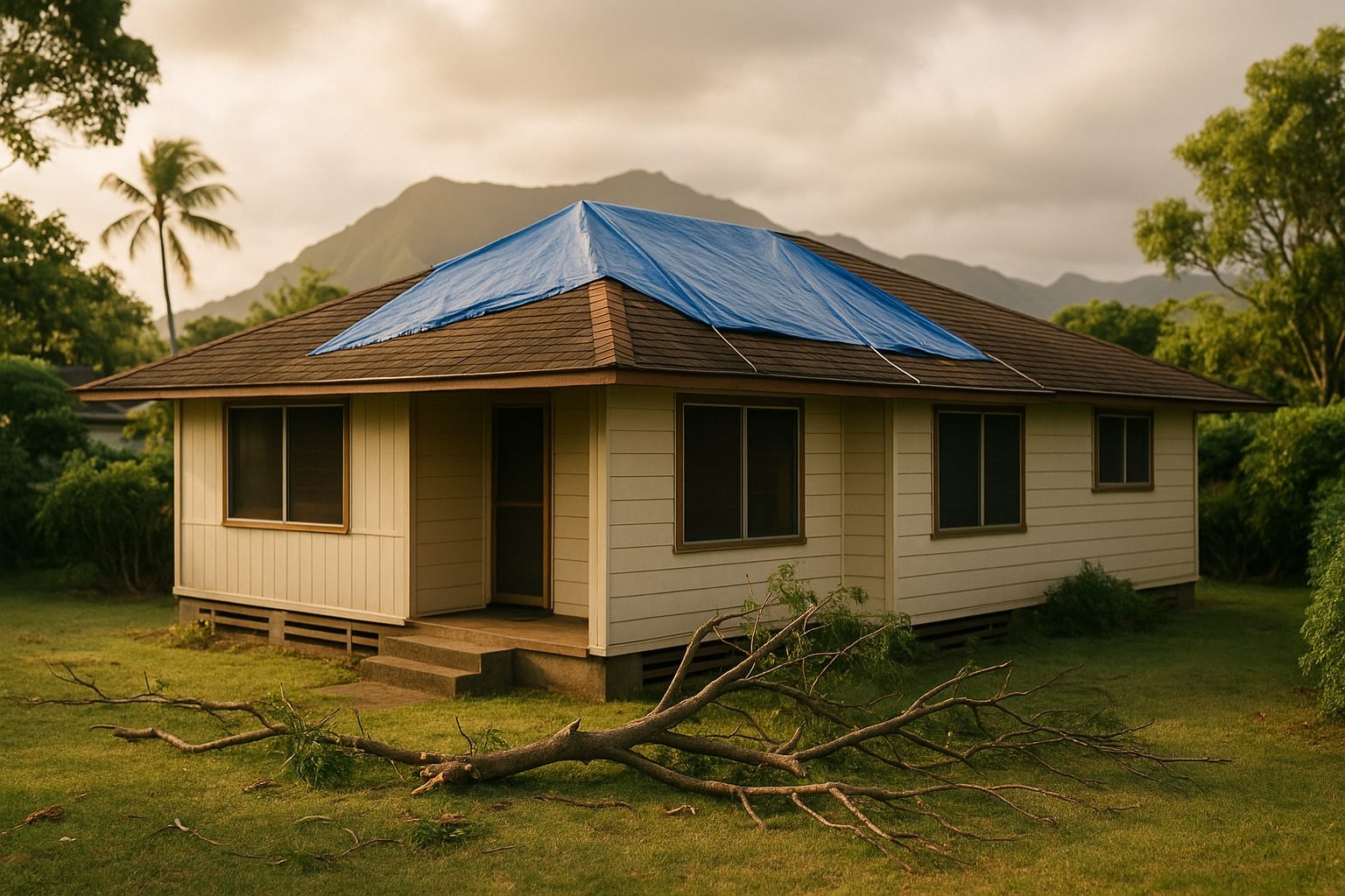 Storm roof damage with emergency blue tarp — Oahu residential response