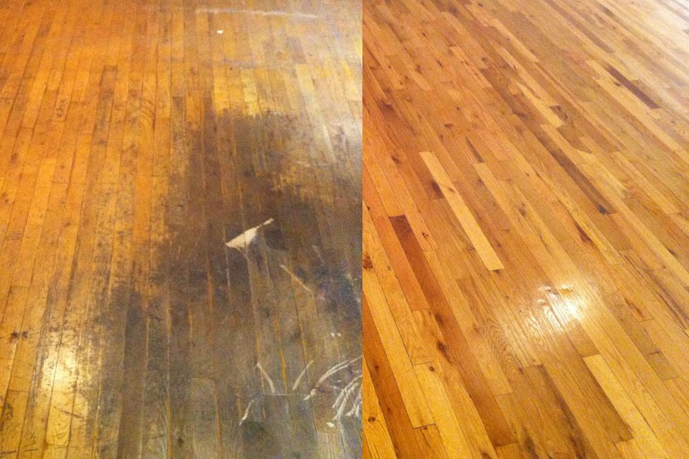 Water-damaged hardwood floor on the left, sanded and refinished on the right — a real Island Contractors restoration on Oahu